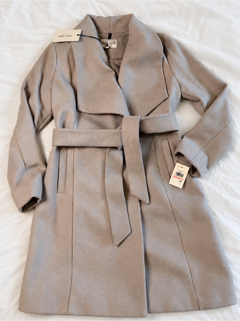 Cole Haan Taupe Belted Wrap Trench Coat